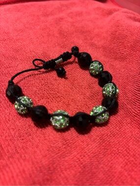 Handmade Black Cord Bracelet with Green Pave Beads